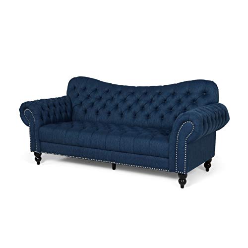 Christopher Knight Home Nathan Chesterfield Button Tufted Fabric 3 Seater Sofa, Navy Blue, Dark Brown