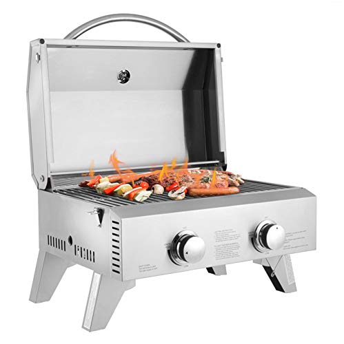 Barbecue Grill/Tabletop Stainless Steel BBQ Grid Barbecue Cookers Gas Grill with 2 Burners&Foldable Legs/Used for Outdoor Camping Picnic / 2000 BTU/Silver