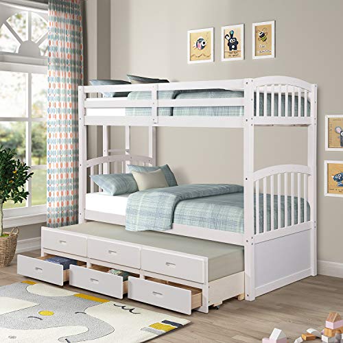 Solid Wood Bunk Beds for Kids, Hardwood Twin Over Twin Bunk Bed Frame with Trundle and Storage Drawers, Harper&Bright Designs Twin-Over-Twin Trundle Bunk Bed with Guard Rail and Drawers (White)