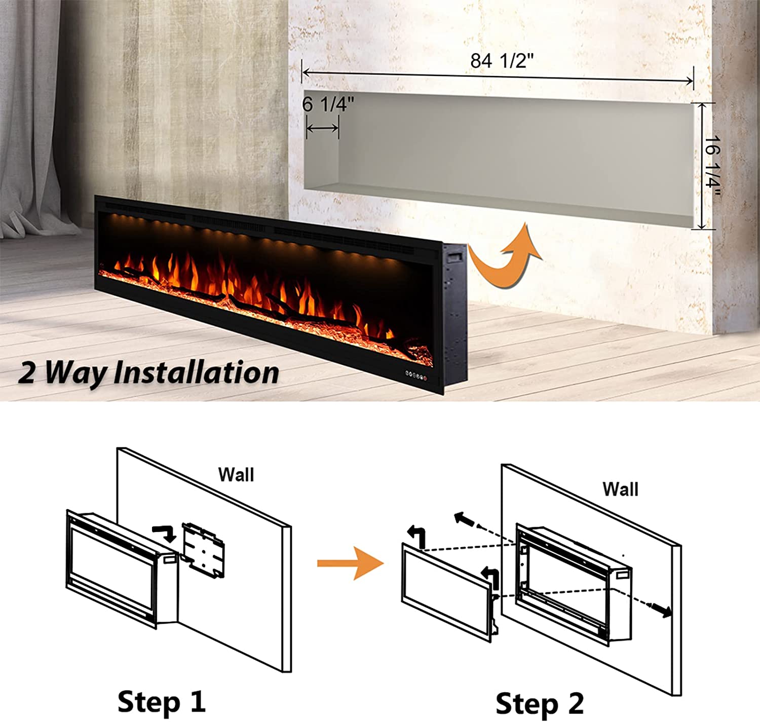 Valuxhome BI84 84 in. 750/1500W Recessed and Wall Mounted Electric Fireplace with Remote with LED Lights Log set and Crystals Black New