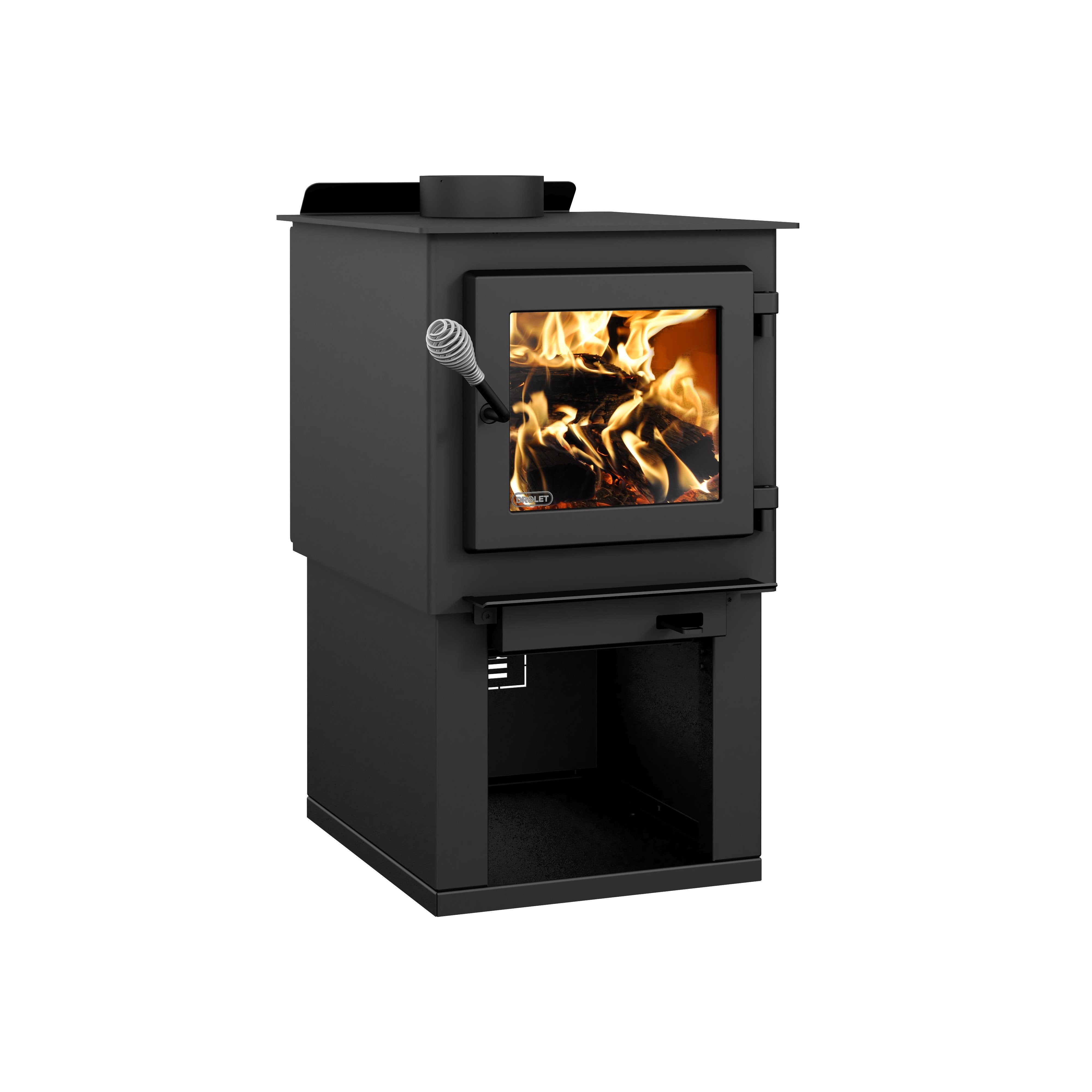 Drolet Deco Nano 1,200 Sq. Ft. Wood Stove On Pedestal with Log Storage New