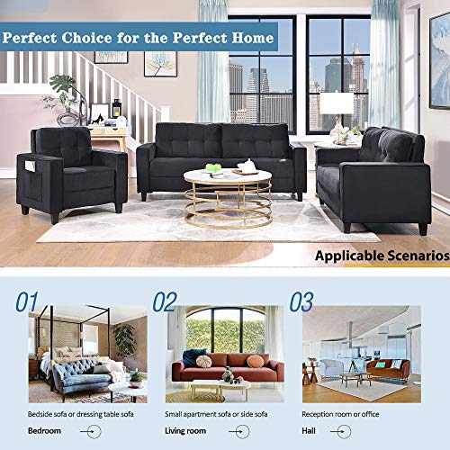 Harper & Bright Designs 3-Piece Living Room Sectional Sofa Set with Side Pockets, Modern Style Button Tufted Velvet Upholstered Armchair Loveseat Sofa and Three Seat Sofa Set Sectional Couch, Black