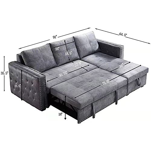 GAOPAN 91 Inch Polyester Blend Upholstery Sectional Sofa Convertible Pull-Out Sleeper Couch Bed, Living Room Furniture Set L-Shaped Rivet Decor Corner Sofá W/Reversible Storage Chaise Lounge,Gray