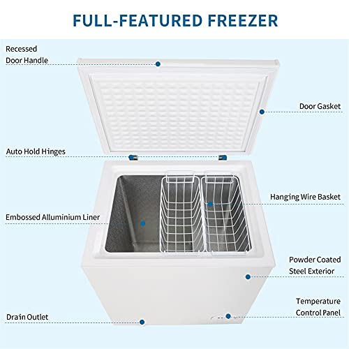 5 Cubic Feet Chest Freezer with Removable Storage Basket, Deep Freezer with Energy Saving and Low-Noise, 7 Temperature Settings, Ideal for Home, Kitchen, Office, Bar, Apartment, White