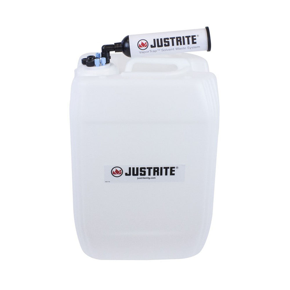 Justrite VaporTrap™ UN/DOT Carboy with Filter Kit, 20L HDPE, 70mm Cap, 4 Ports 1/8'' OD Tubing, 4 Ports 1/4