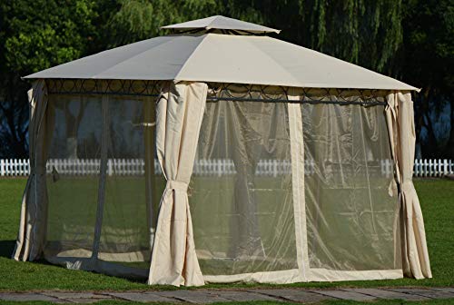10.6x10.6FT Outdoor Gazebo Canopy Shelter Tent w/ Double Roof Hardtop, Galvanized Steel Frame, Netting and Curtains for Garden, Patio, Lawns, Terraces (Beige)