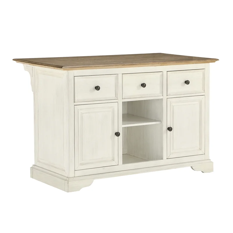 Home Fare Farmhouse 3-Drawer Oak Wood Kitchen Island in Beige