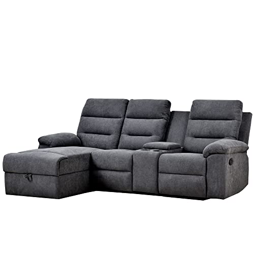 GAOPAN L-Shaped Upholstered Manual Reclining Sectional Sofa with Storage Chaise Lounge Couch and 2 Cup Holders for Living Room Furniture Sets, Dark Grey