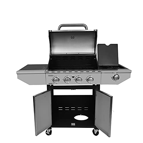 Honeydrill 4-Burner Propane Gas Grill with Side Burner, Stainless Steel, Cabinet for BBQ