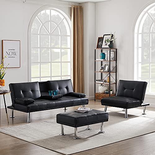 Takefuns 3 Pieces Convertible Sectional Sofa Set, Faux Leather Upholstered Sofa Bed with Two Cup Holders and Ottoman, Modern Living Room Sofa Furniture Set, Black