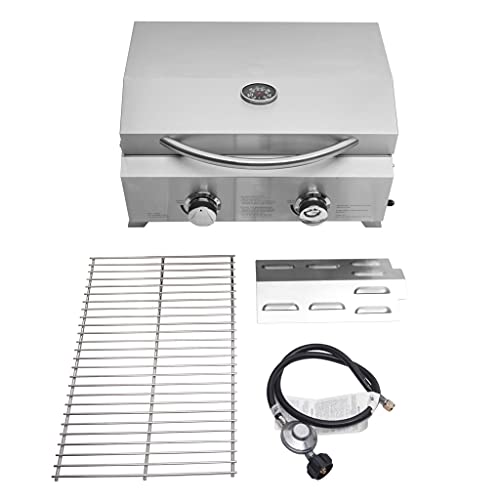 YZJC Portable Propane Gas Grill, Stainless Steel Mini Tabletop Stainless Steel 2-Burner Gas Grill 20000 BTU, Perfect for BBQ, Camping, Picnics or Outdoor, Silver