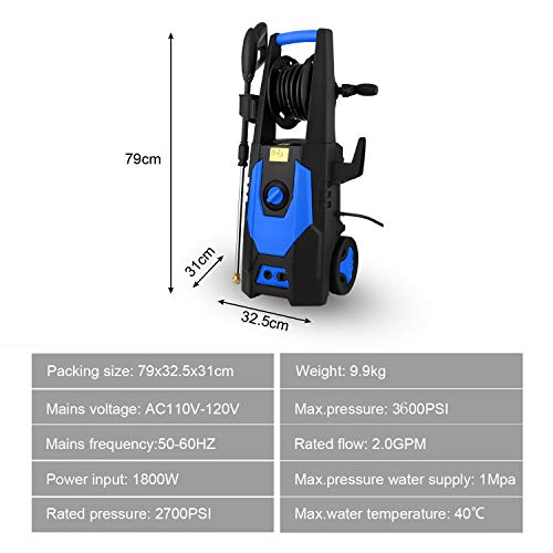 CHAKOR Pressure Washer 3600 PSI, 2.4GPM Power Washer Machine, 1800W High Pressure Cleaner with 4 Adjustable Nozzle, Spray Gun, Hose Reel, Brush (Blue)