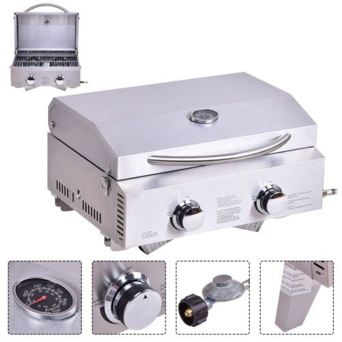 Allblessings 2 Burner Stainless Steel Portable BBQ Table Top Propane Gas Grill Outdoor Camp
