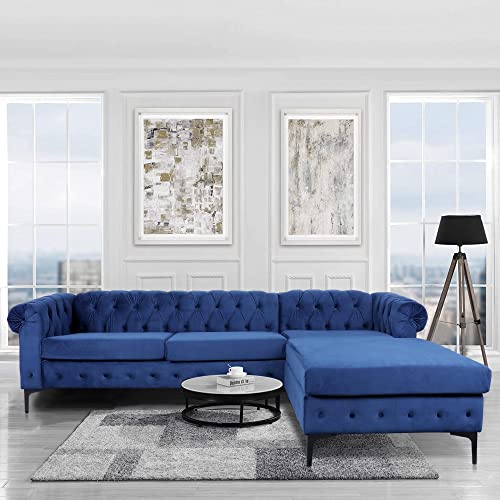 L-Shaped Velvet Sectional Sofa, Modern Chesterfield Corner Sofa Chaise Roll Arm Settee, Contemporary Classic Button Tufted Couch with Metal Y-Leg (Blue)