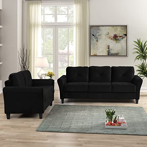 2-Piece Upholstered Sofa Couch, Modern Couch Set with 3 Seat Sofa and Loveseat Sofa, Home Furniture Set for Living Room and Bedroom, 2 Pieces (Dark Black)