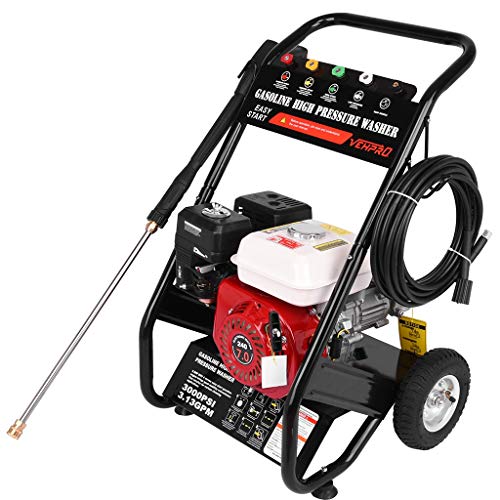 【US Direct】 Gas Pressure Washer, Heavy Duty Power Washer 3000PSI 2.4LPM 7HP 5 Nozzles 26FT Hose, Soap Tank and High-Performance & Easy Move Pressure Washer (Red)