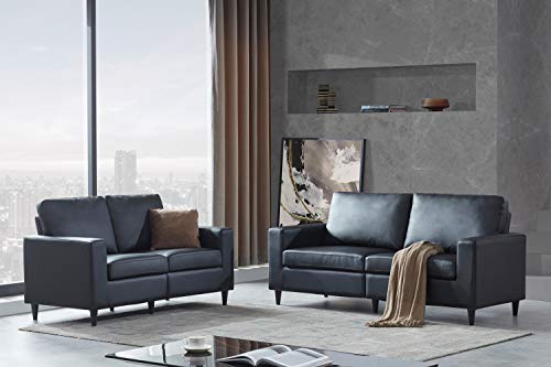GAOPAN Modern Living Room Furniture Set Include 3 Seaters Sofá & Loveseat, Skin-Friendly Tufted Back Cushions and Solid Frame Upholstered, Black, 2 Pieces PU Leather Sectional Sofa Couch