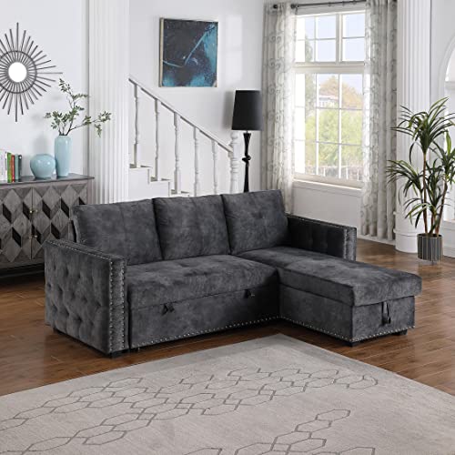 Morden Fort Velvet Sectional Sleeper Sofa with Storage Reversible L-Shape 3 Seat Sectional Couch - Black