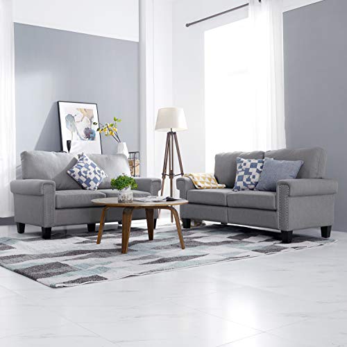 2 Piece Mid Century Modern Upholstered Sofa and Loveseat Sets Couch Living Room Furniture, Gray