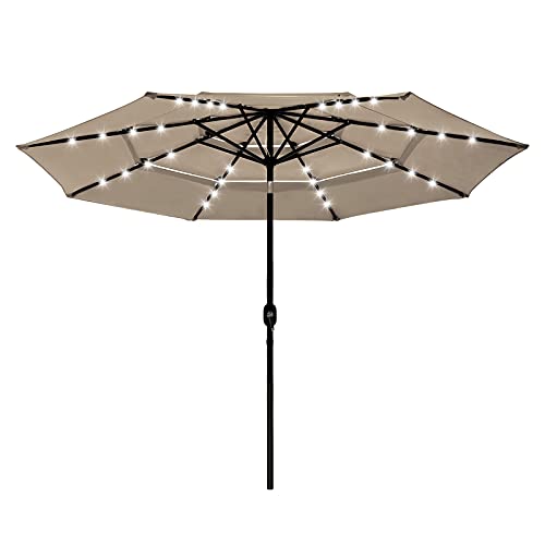 10ft 3 Tier UV70+ LED Patio Umbrella with Solar Powered Crank Tilt Aluminum Outdoor Yard Pool Market Dining Table for Garden, Deck, Backyard, Pool and Beach,Brown