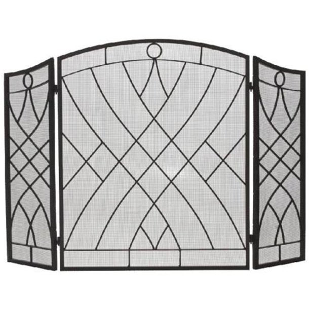 Dagan 3-Fold Arched Weave Black Wrought Iron Fireplace Panel Screen