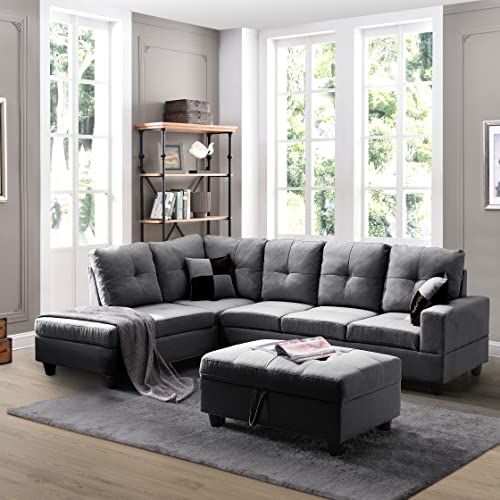 Smilehome 3 Piece Modern Sectional Sofa L-Shaped Couch with Storage Ottoman and Two Pillows 5 Seater Living Room Furniture Sets (Left Hand Facing Chaise, Gray)