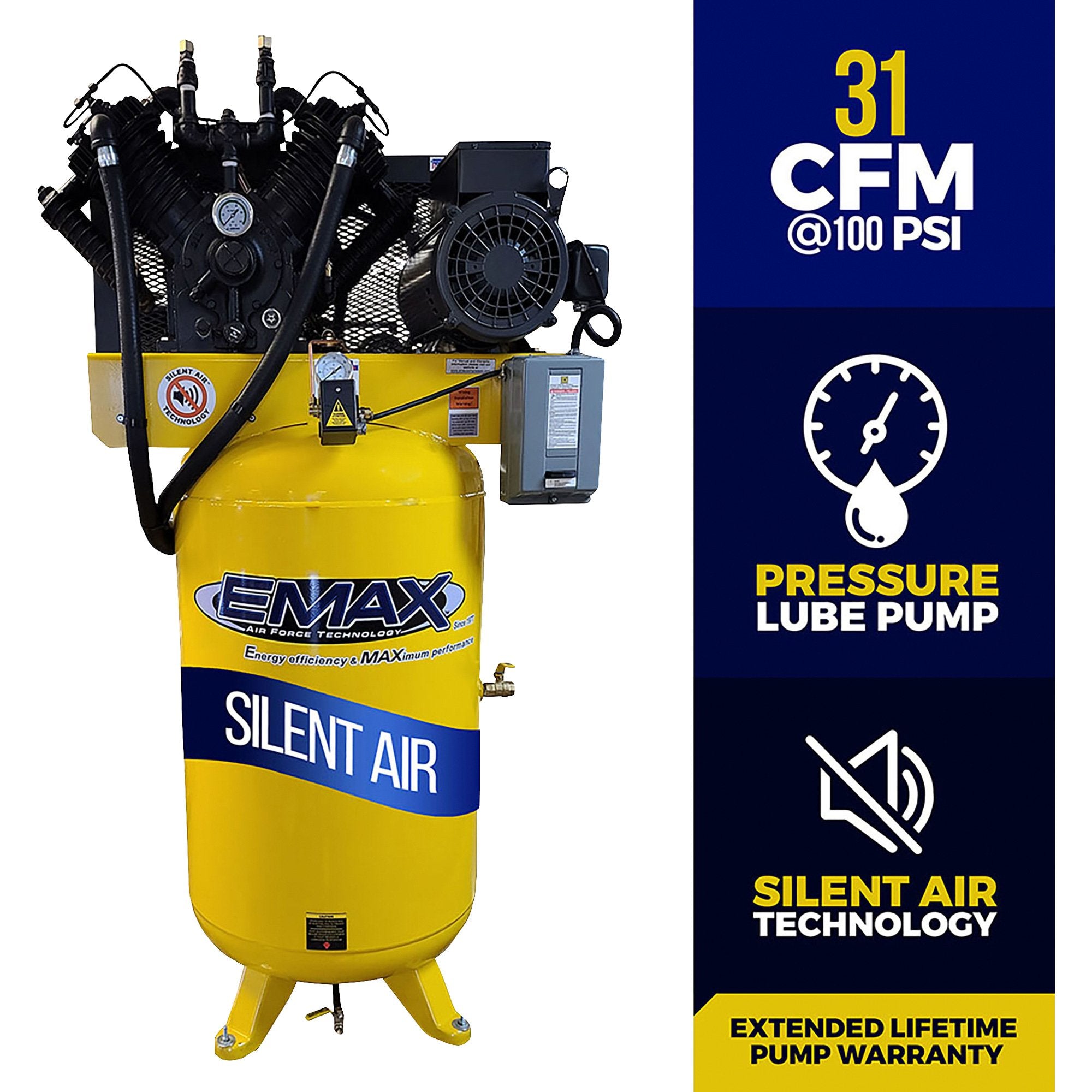 EMAX ES07V080V1 Industrial Series 80 Gal. 7.5 HP 1-Phase Two Stage Silent Air Electric Air Compressor New