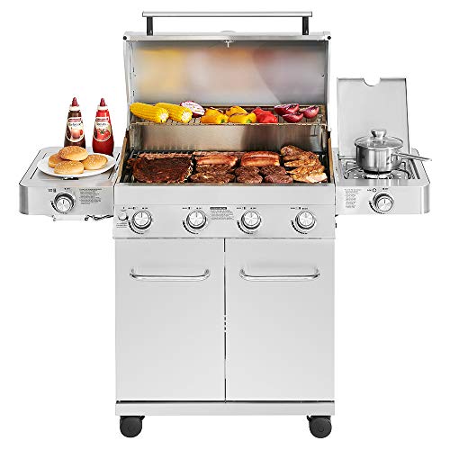 Monument Grills 24367 4-Burner Stainless Steel Propane Gas Grill with Side & Side Sear Burners, Built in Thermometer, and LED Controls