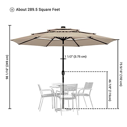 10ft 3 Tier UV70+ LED Patio Umbrella with Solar Powered Crank Tilt Aluminum Outdoor Yard Pool Market Dining Table for Garden, Deck, Backyard, Pool and Beach,Brown