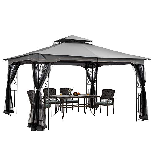 PAMAPIC 13x11 Gazebo Canopy Tent, for Sun and Rain, with Skylight and Mosquito net, Waterproof Soft Metal roof Pavilion, for Lawn, Garden, Backyard and Deck (Gray)