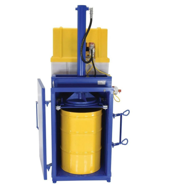 Vestil HDC-905-IDC/460V Steel Hydraulic Drum Crusher and Compactor 460 Volt Three Phase 38,000 lbs. Crushing Force Blue New