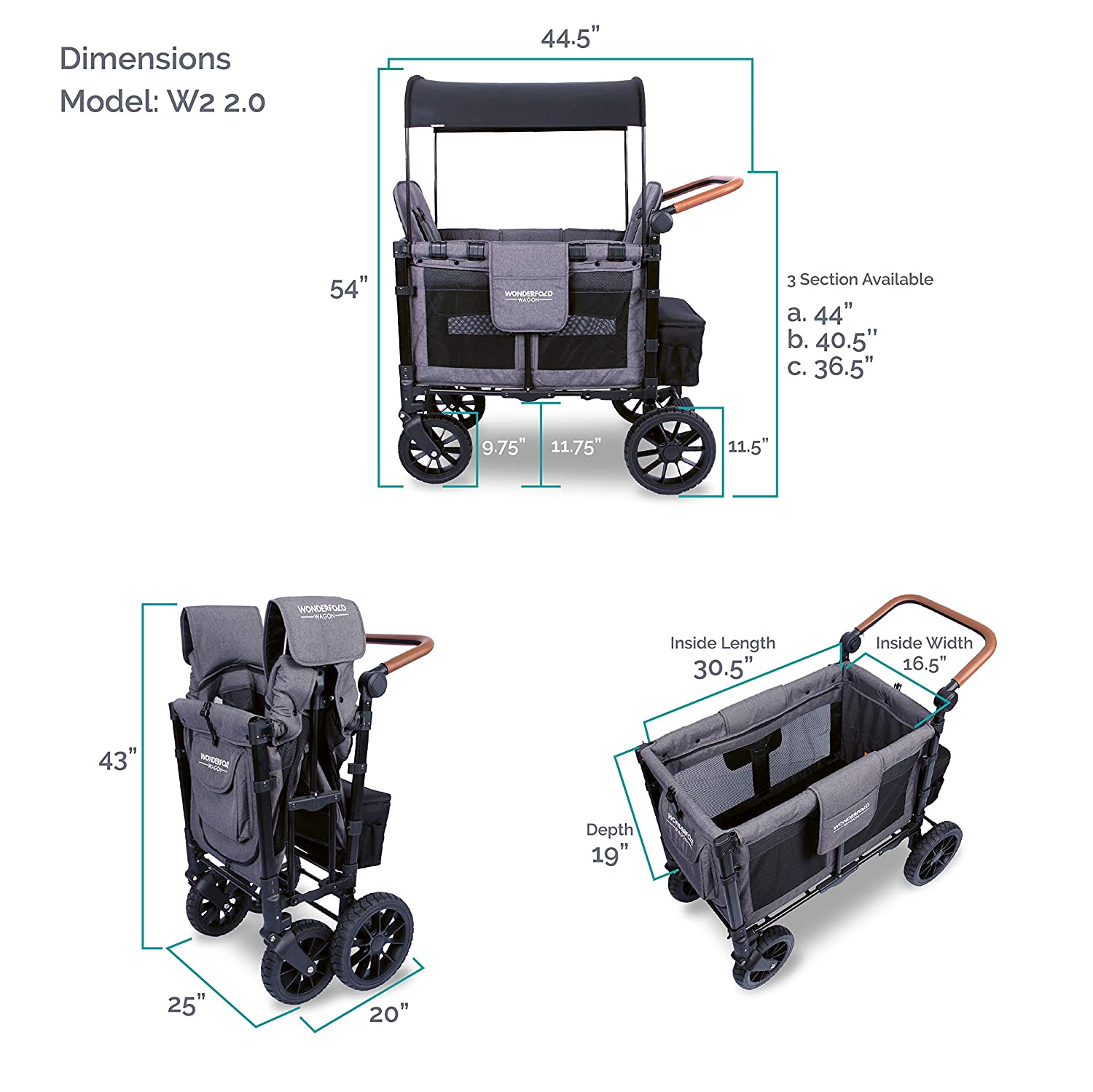 WonderFold W2 Luxe Push/Pull 2-Passenger Stroller Wagon Gray New