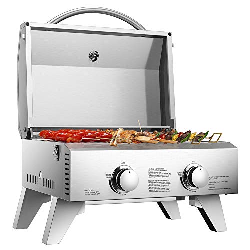 VIVOHOME Tabletop Stainless Steel 2-burner Gas Grill Portable 20000 BTU BBQ Grid with Foldable Legs for Outdoor Camping Picnic
