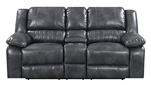 Madrona Burke Natalie Gray Console Loveseat with Dual Recliners, Faux Leather Upholstery, and Pillow Top Back
