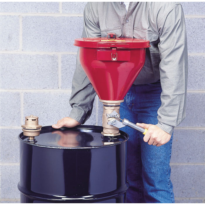Justrite Steel Drum Funnel #08207, Self-Close Cover, Tip-Over Protection Kit For 2 Inch Drum Bung