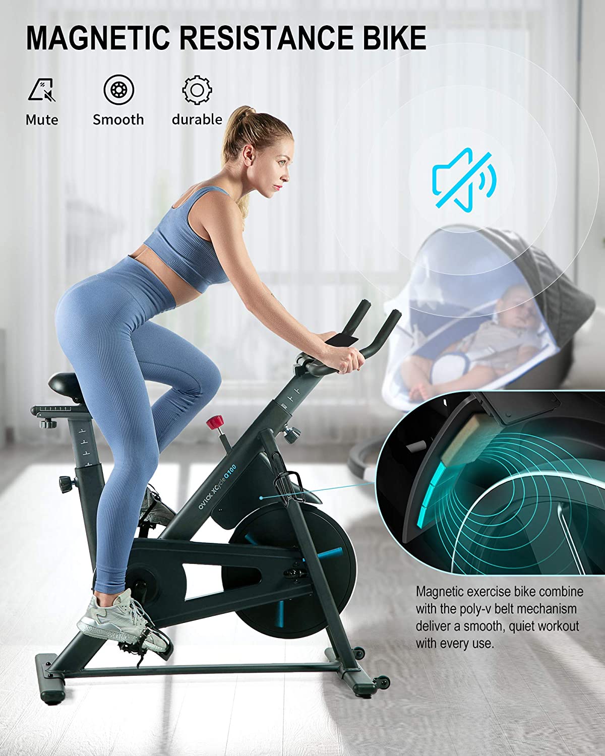 OVICX OS-EBIKE-Q100-B Magnetic Resistance Stationary Exercise Bike With Bluetooth Connectivity New
