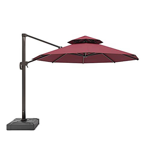 FUNWARRIOR 12ft Patio Umbrella Outdoor Umbrella Large Cantilever Umbrella Windproof Offset Umbrella Heavy Duty Sun Umbrella for Garden Deck Pool Patio with Double Top Round Deluxe, Wine Red(Without Base)