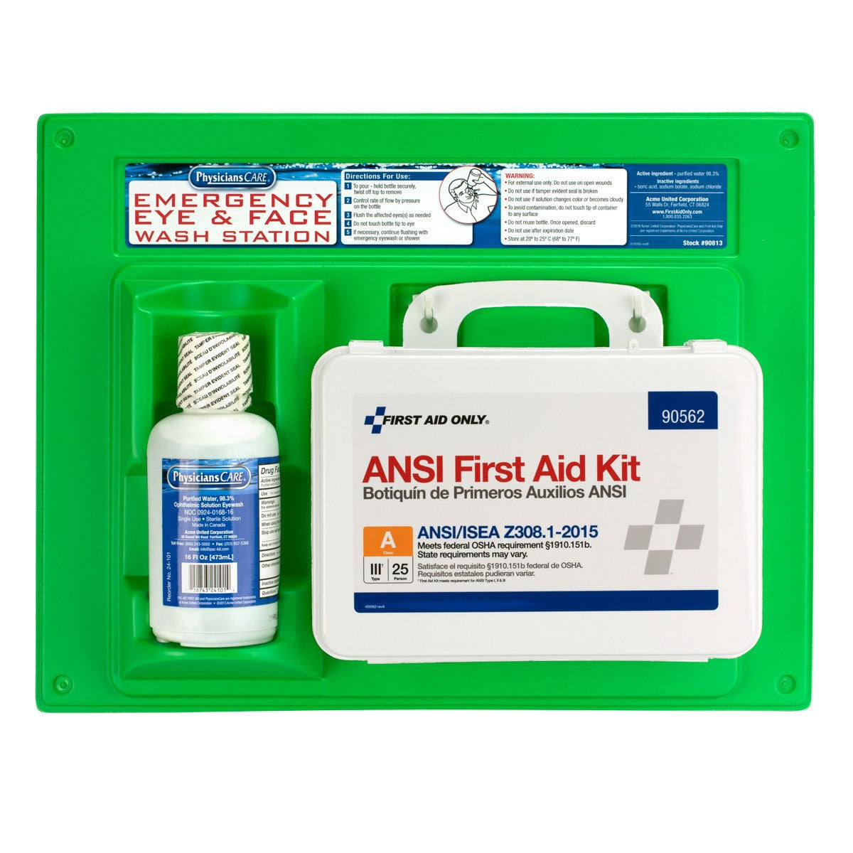 First Aid Only Eyewash Station, Single 16 oz. Screw Cap Bottle, with ANSI 215 First Aid Kit (6 per order)