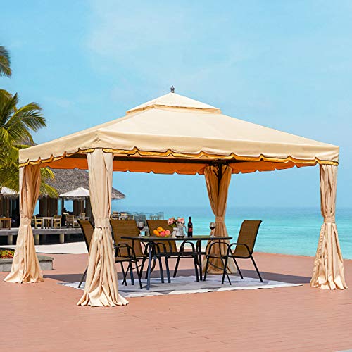 MELLCOM 10’ x 12’ Outdoor Gazebo Canopy, Aluminum Frame Soft Top Outdoor Patio Gazebo with Polyester Curtains and Air Venting Screens Beige