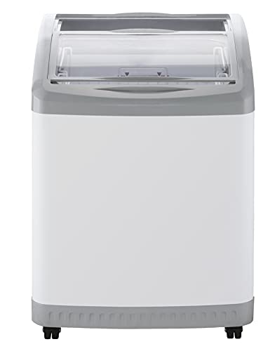 DUURA DDFC6 Commercial Mobile Ice Cream Display Chest Freezer Sub Zero Temp Curved Glass Top Frost Free Lid with 2 Wire Baskets, 24.6 Inch Wide 5.7 Cubic Feet, White