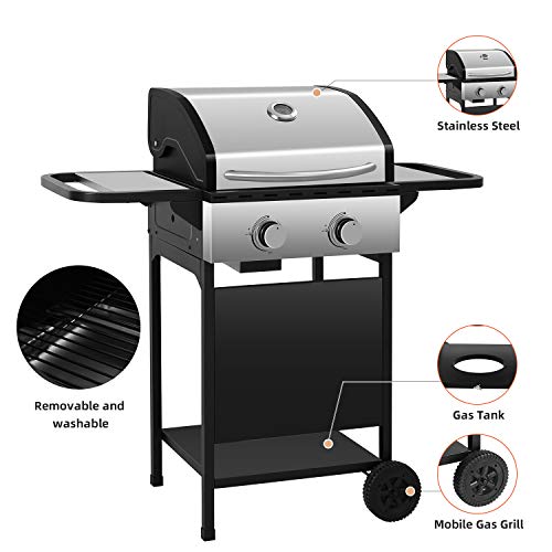 R.W.FLAME 16000BTU Liquid Propane Gas Grill with 2 Burners ，Stainless Steel Gas BBQ Wagon