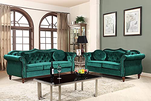 Container Furniture Direct Anna1 Velvet Upholstered Classic Nailhead Chesterfield Living Room, Sofa, Pine Green