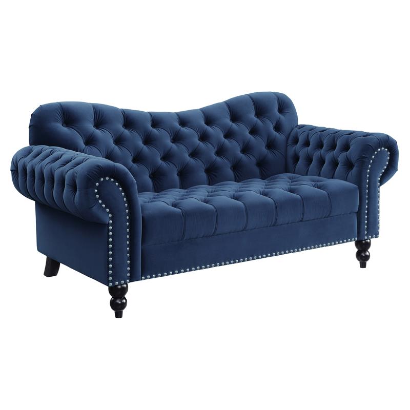 Traditional Velvet Loveseat with Nailhead Trim in Navy Blue