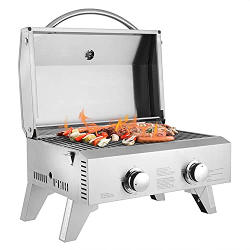 Tabletop Stainless Steel 2-Burner Gas Grill2000 BTU BBQ Grid with Foldable Legs for Outdoor Camping Picnic Grill Home BBQ Oven, Convenient Outdoor Pizza Oven Fired Wood Charcoal Cooker Camping Stove