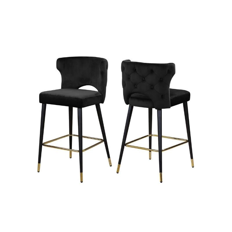 2 Piece Upholstered Velvet Bar Stool Set in Black