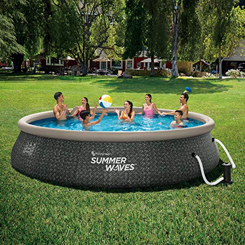 Summer Waves P1A01642E 16ft x 42in Round Quick Set Inflatable Ring Above Ground Swimming Pool with Ladder and Filter Pump, Dark Gray Herringbone Print