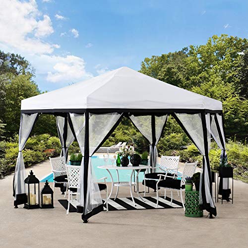 Sunjoy Lambert 11x11 ft. 2-Tone Pop Up Portable Hexagon Steel Gazebo, White & Black