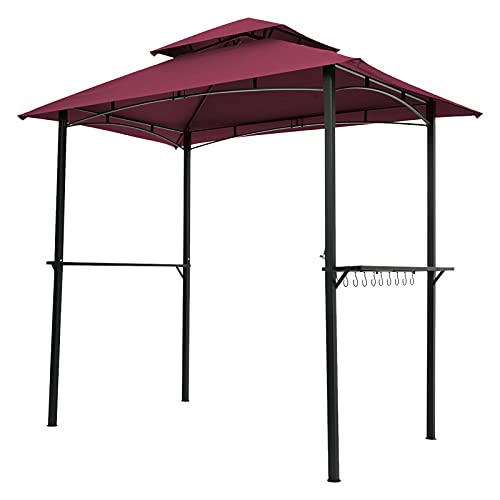 LIFND 8x5 Ft Grill Gazebo Shelter, Double Tiered Replacement Canopy Grill BBQ Gazebo, Outdoor BBQ Grill Tent w/Air Vent with Shelves and 10 Hooks, Accommodate Around 3-4 People (US Inventory),Red