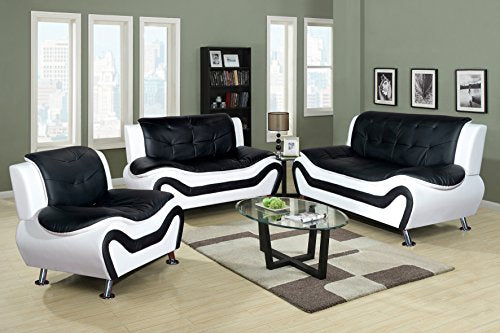 Lifestyle Contempraray Faux Leather Living Room Sofa Set, Black/White, 3 Piece