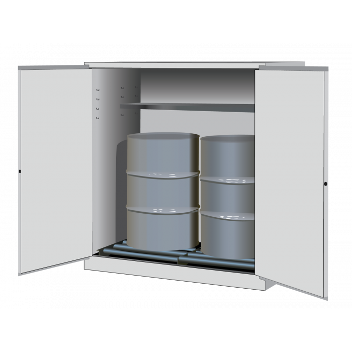 Justrite 110 Gallon, 2 Drum Vertical, 1 Shelf, 2 Doors, Self Close, Flammable Cabinet With Drum Rollers, Sure-Grip® EX, White